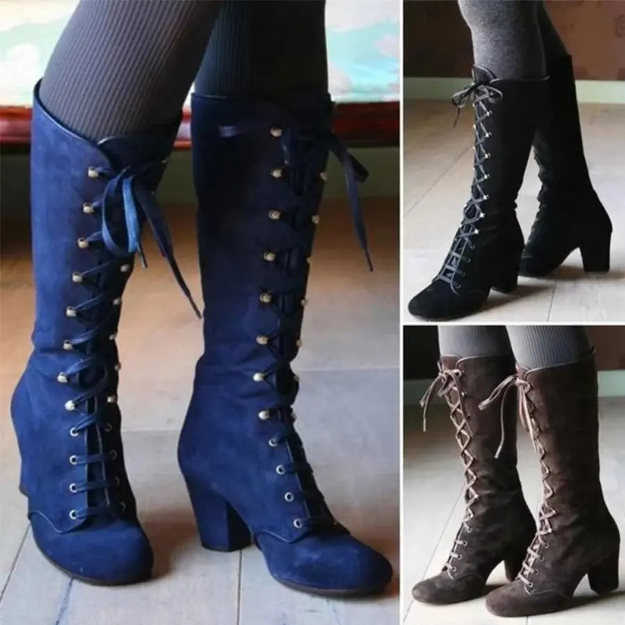 Winter Women Boots Shoes Fashion Vintage Lace-up Boots Women Round Cowboy High Heels Booties Shoes Woman Botas Mujer