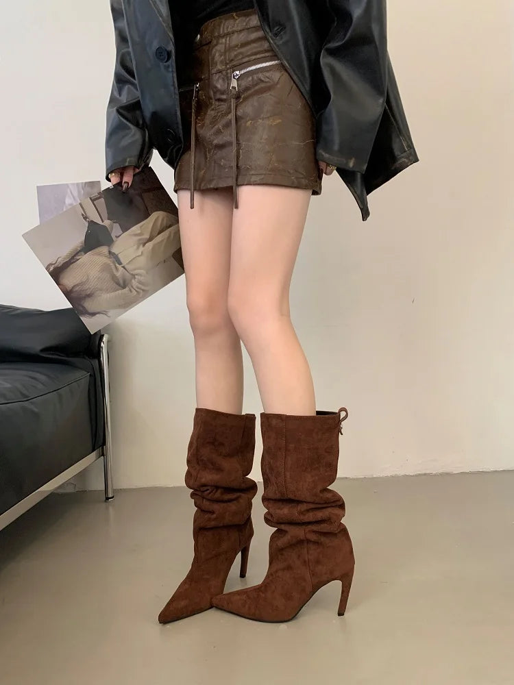 Aneikeh Fashion Winter Pointed Toe Knee-High Women Boots Thin Heels Shoes Female Punk Long Booties Zapatos De Muje