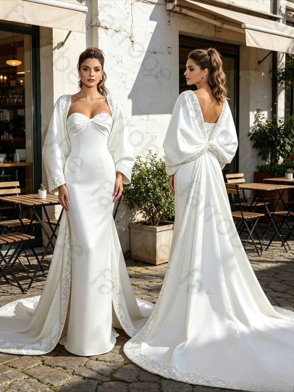 Customized 2026 Luxury Satin Mermaid Wedding Dress Full Sleeve Beaded Sweetheart Neckline Detachable Train Elegant Bridal Gown