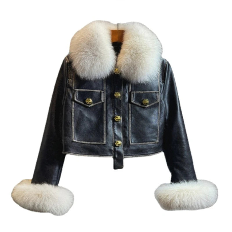 Temperament Black Leather Jacket Women 2026 Winter Real Fox Fur Short High Waist PU Leather Coat Slim-Fitting Coats