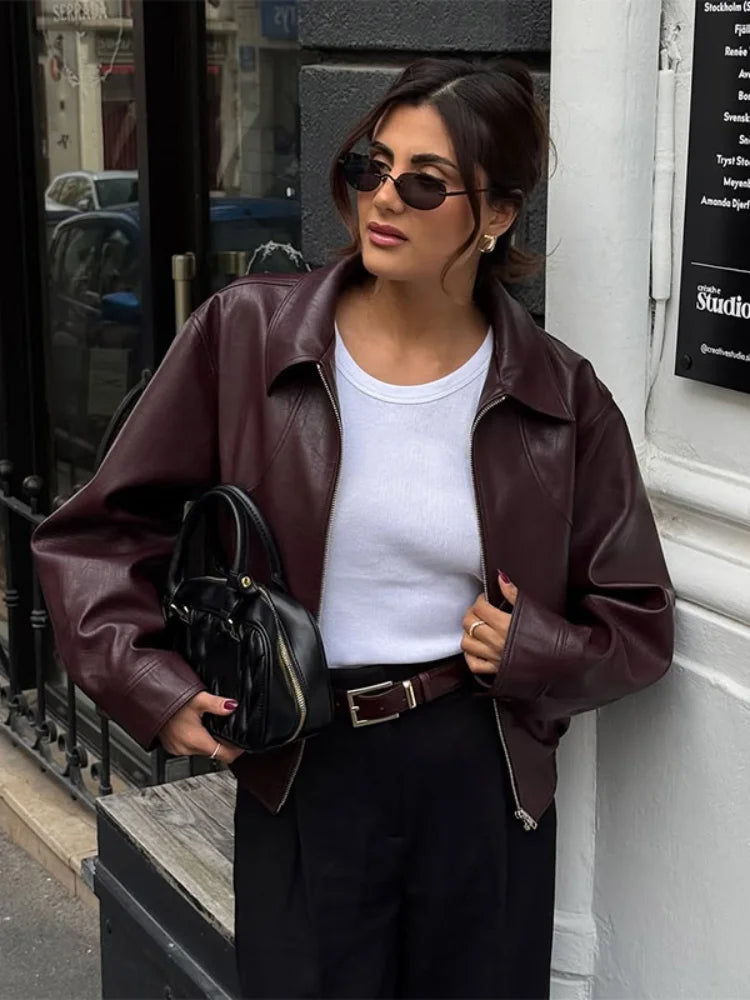 Women Chic Brown Leather Jacket With Belt Chic Full Sleeve Laple Zipper Short Coats 2026 Autumn New Ladies Street Biker Jackets