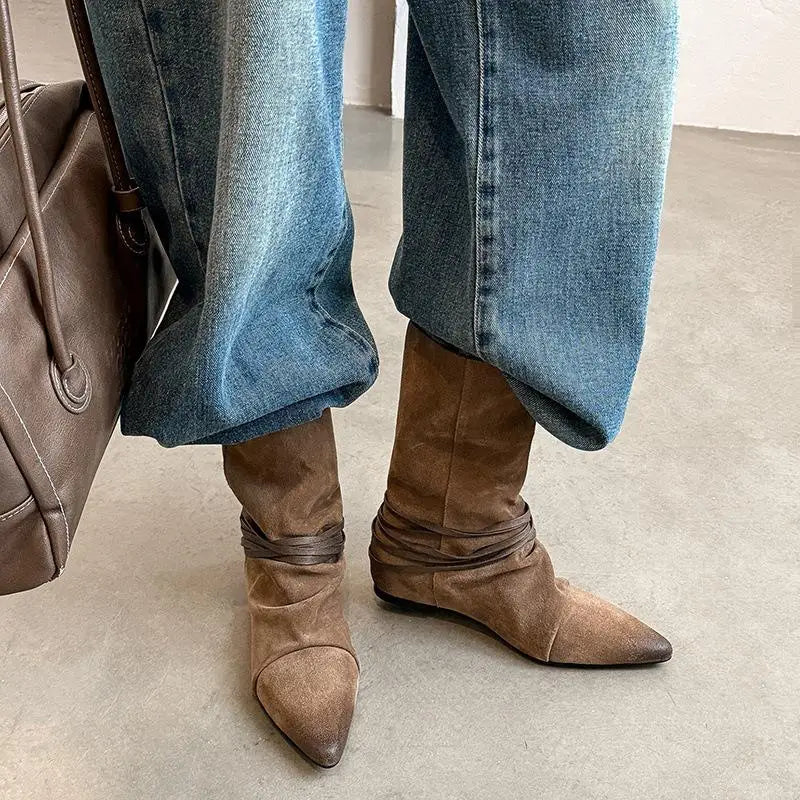 Arden Furtado Autumn Cow Suede Increased Internal Western Boots Pointed Toe Pleated Slip-On Middle Ankle Strap Short Boots