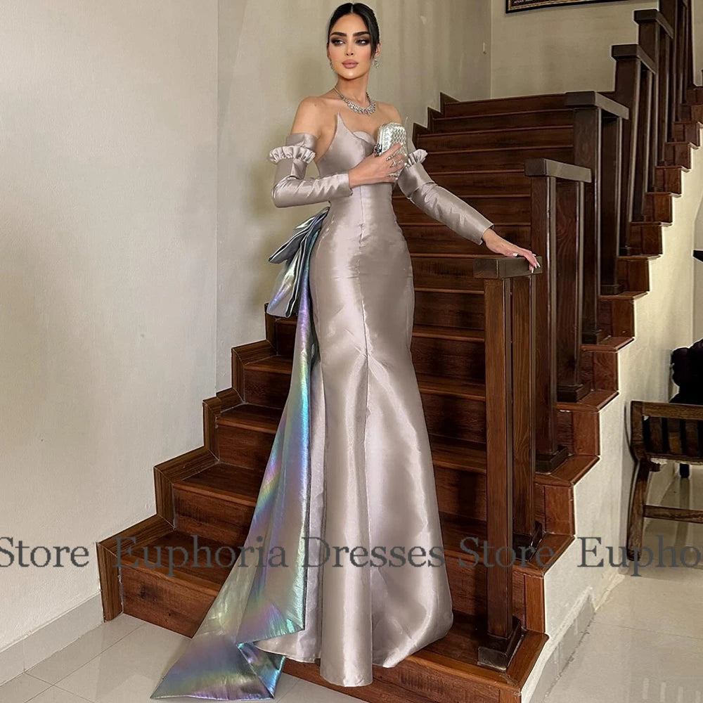Elegant Party Dresses Woman Satin Mermaid/Trumpet Formal Evening Dress Grey Sweetheart Watteau Train Women's Evening Ball Gown