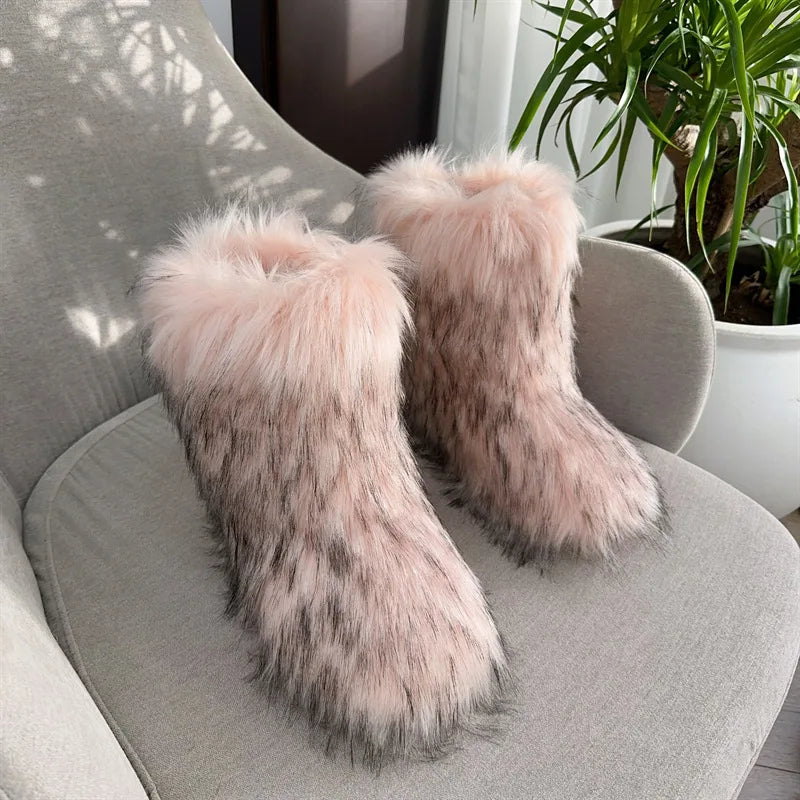 Women's Winter Fluffy Faux Fox Fur Boots Woman Plush Warm Snow Boots Luxury Footwear Girls' Furry Fur Bottes Fashion
