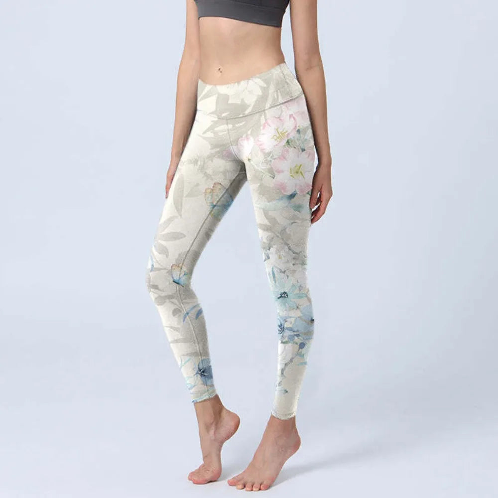 Women High Waisted Yoga Pants Tummy Control Leggings Floral Butterfly Landscape Printed Workout Gym Fitness Running Tight Pants