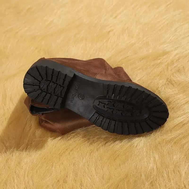 Women's Boots Round Toe Low Heel Suede-Look Slouchy Shaft Buckle Strap Textured Outsole Casual Daily Urban Walk Footwear Gear