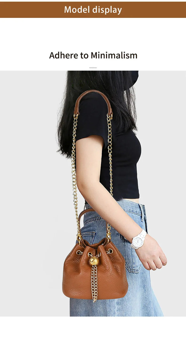 LD-Soft Leather Bag Versatile for All Seasons, Sweet and Ladylike. Top Layer Cowhide Handbag, Single Shoulder Bucket Bag