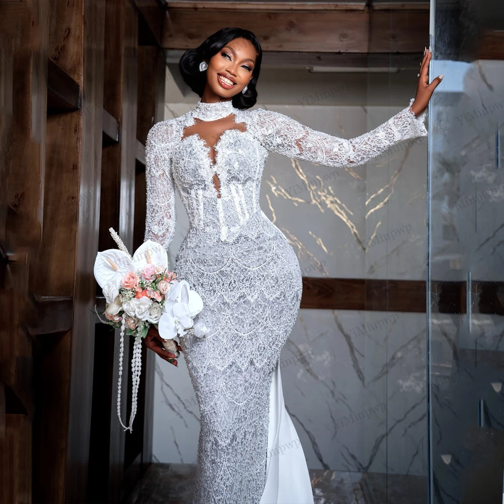 Luxury Mermaid Wedding Dresses for Africa Bride Long Sleeves Sweep Train Lace Pearls Sequined Bridal Reception Gowns Customized