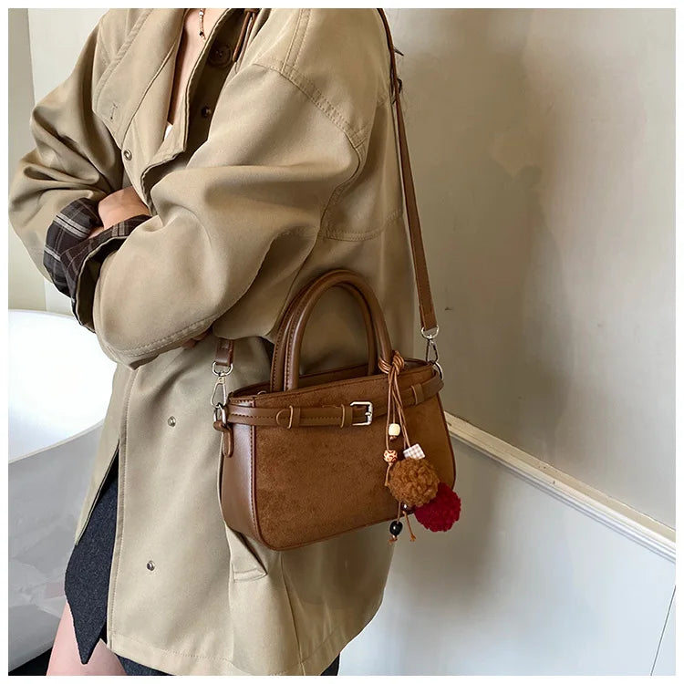 Retro Faux Suede Women's Handbag Fashionable Small Square Bag 2025 Winter Simple Short Handle Single Shoulder Crossbody Bag