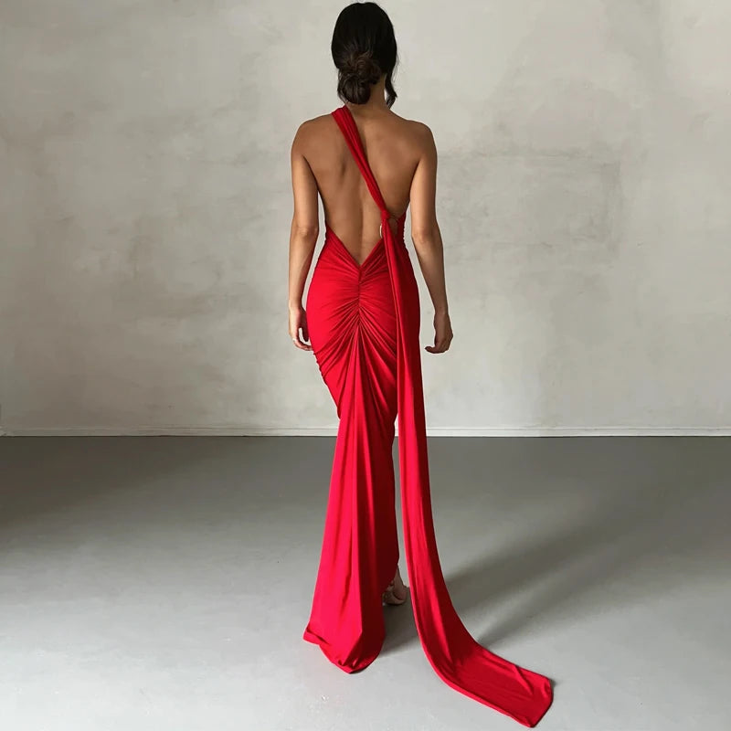 Dulzura One Shoulder Backless Ruched Slim Ribbon Long Dress Women Solid Sexy Elegant Dress Evening Party Club Prom Summer Outfit