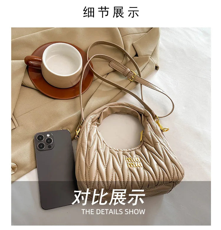 Designer Women Handbags 2025 French Women's Bag Pleated Miu Niche Trendy Handbag Crescent Bag Ins Single Shoulder Crossbody Bag