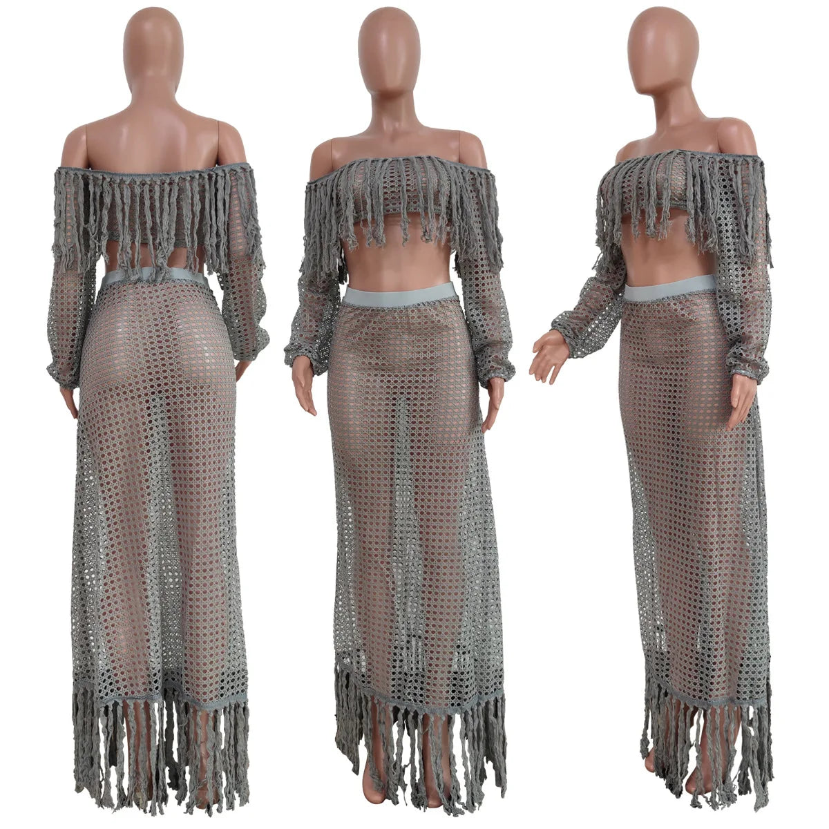 Skirt 2 Piece Set Women Beach Long Skirts Suit Top Off Shoulder Tassels Sexy Hollow Out Ensemble 2025 Summer Female Outfits