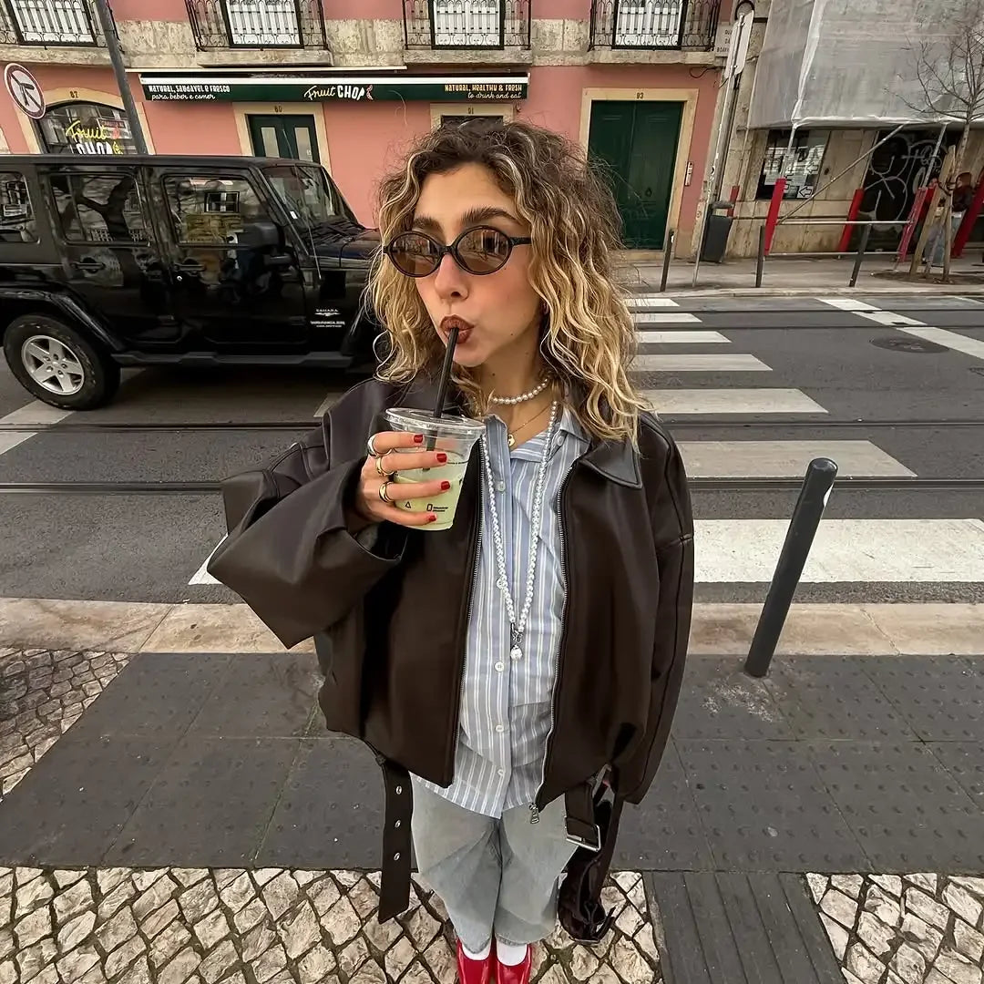 Casual Lapel Zipper Waist Belt Short Leather Jacket 2026 Women Loose Solid Pocket Pu Coat Autumn Lady Daily Highstreet Jackets