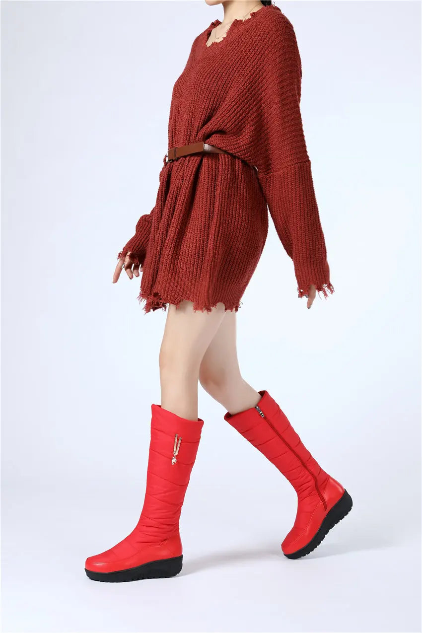 Women Warm Fur Mid-calf Snow Boots Round Toe Red Black Down Crystal Dec Party Travel Lady Wedge Platform Winter Plush Half Boots