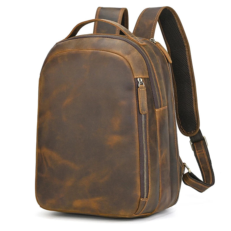 Luufan Men's Retro Crazy Horse Leather Backpack Brown Genuine Leather Rucksack Brown 14 Inch Laptop School Bag