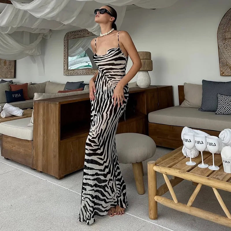 Chic Zebra Print Backless Strap Dresses Spring Women Sleeveless Lace Up Package Hip Dress Summer High Waist Ankle Length Dress