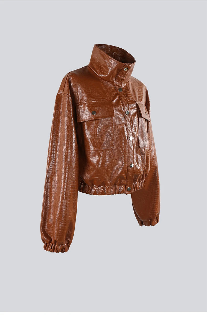 Mauroicardi Spring Autumn Short Black Brown Crocodile Print Faux Leather Jacket Women Stand Collar Button Up Luxury Clothes 2025
