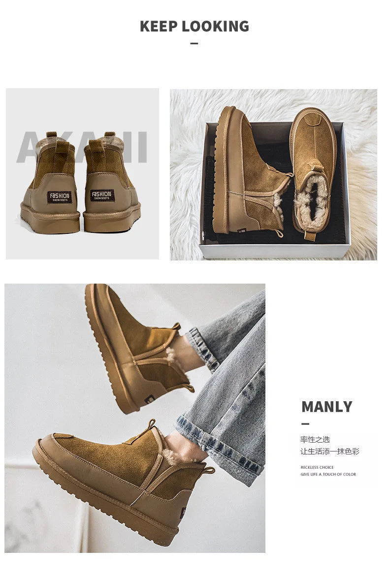 Women's Thick Bottom Mid-Calf Snow Boots Fur Lined Warm Synthetic Leather Rubber Sole Winter Shoes Two-Way Wear Korean Style