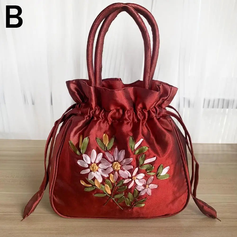 Women Bucket Bag Top Handle Ladies Handbag Phone Bag Summer Small Purse National Style Embroidered Flower Pattern Drawstring Bag