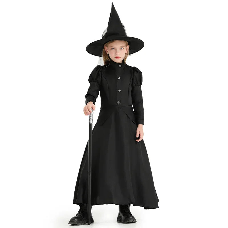 Halloween Wizard Cosplay Costume Kids Adult Halloween Women Deluxe Wicked Witch Costume Black Full Length Dress