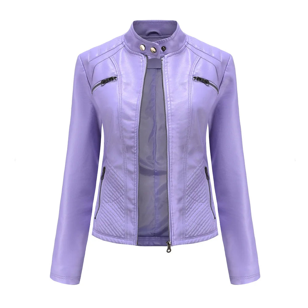 Ladies casual stand-up collar jacket Slim models women's spring and autumn solid color women's leather jacket