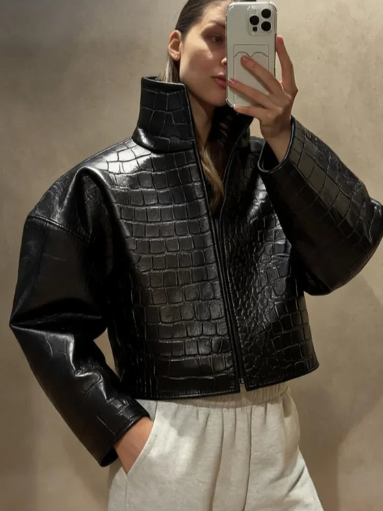 Crocodile Pattern Embossed Short Women Leather Jacket Stand Collar Zipper Long Sleeved Cropped Jackets 2026 Street Daily Outfit