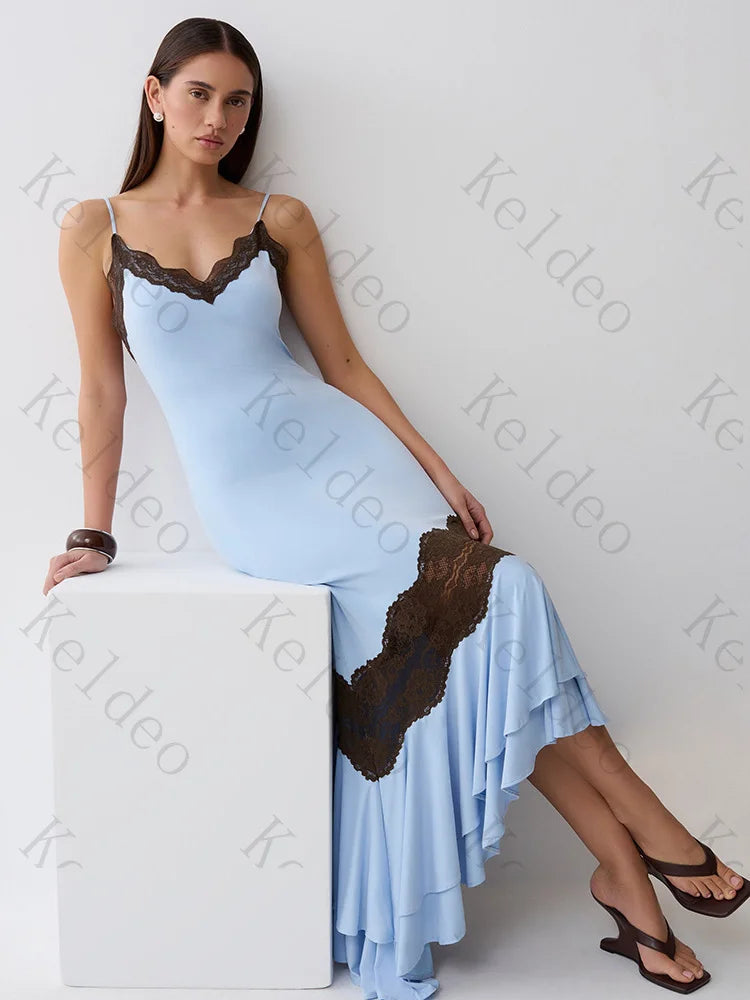 Customized Spaghetti V-neck Sleeveless Mermaid Evening Dresses Patchwork Lace Ruffles Draped Open Back Ankle Length Prom Party