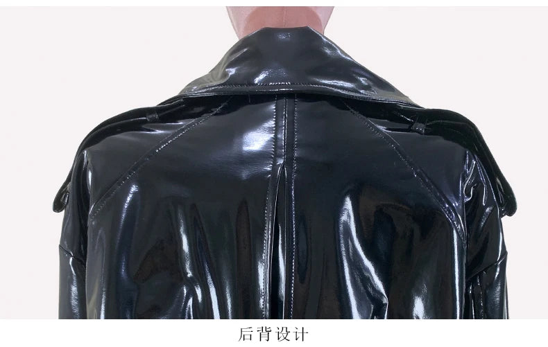 Nerazzurri Spring Autumn Oversized Thin Shiny Reflective Patent Leather Trench Coat for Women Double Breasted European Fashion
