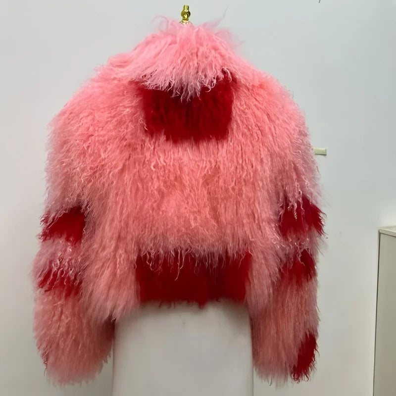 Aulande New Women Winter 100% Real Fur Mongolian Sheepskin Coats Short  40 CM Standing Coller Fashion High Quality Sheep Jacket