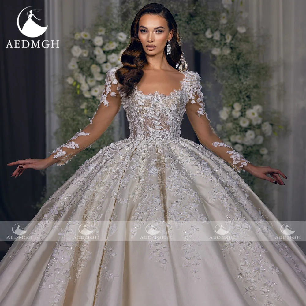Aedmgh Ball Gown Royal Wedding Dresses For Women Scalloped Vestido De Novia Lace Appliques Matte Satin Custom Made Bridal Gowns