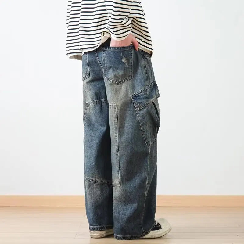 Retro American Washed Heavyweight Patchwork Wide Leg Men's Jeans Casual Loose Workwear Trousers with Multiple Pockets