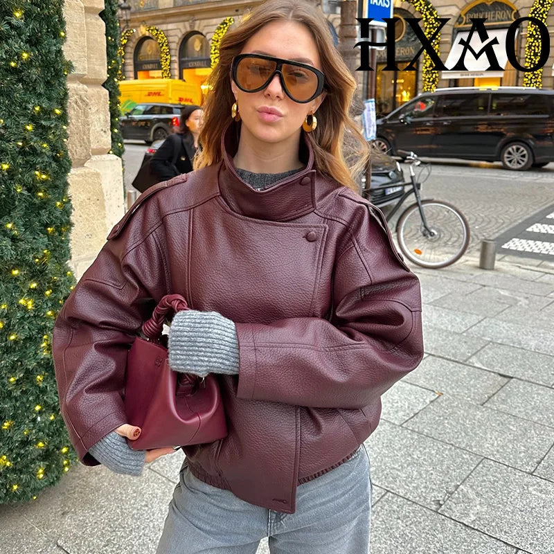 HXAO Women's Faux Leather Jacket Short Coat Black Bomber Jackets For Woman Loose Winter Outerwear High Neck Aviator Jackets