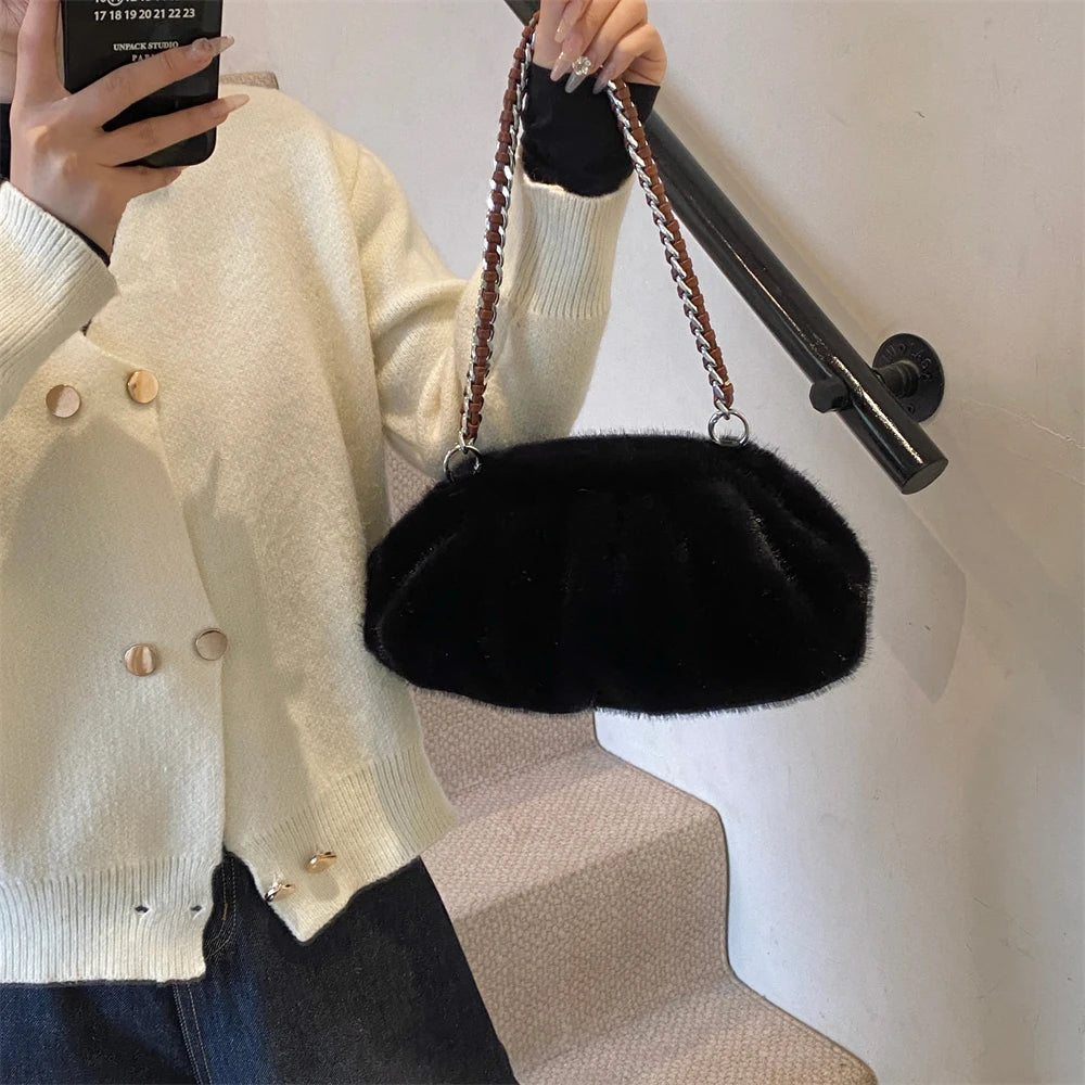 MOODS Pleated Design Faux Fur Shoulder Bags For Women 2024 Luxury Designer Purses And Handbags Winter Warm Soft Plush Hobo Bags