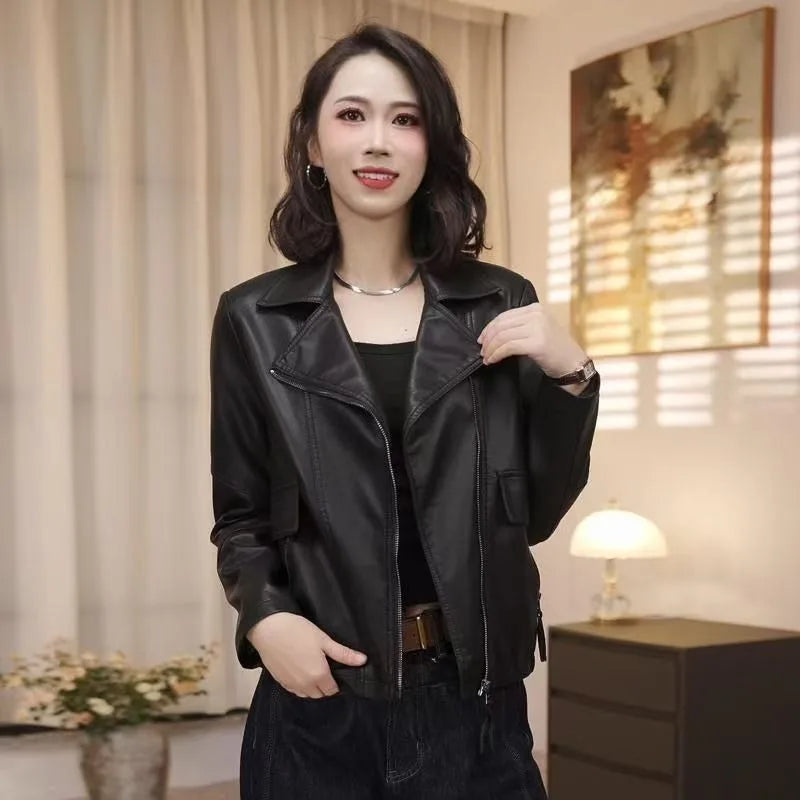 2026 Fashion Autumn PU Leather Jacket Women New Short Leather Coat Retro Lapel Sweet Motorcycle Outerwear Ladies Overcoat Top