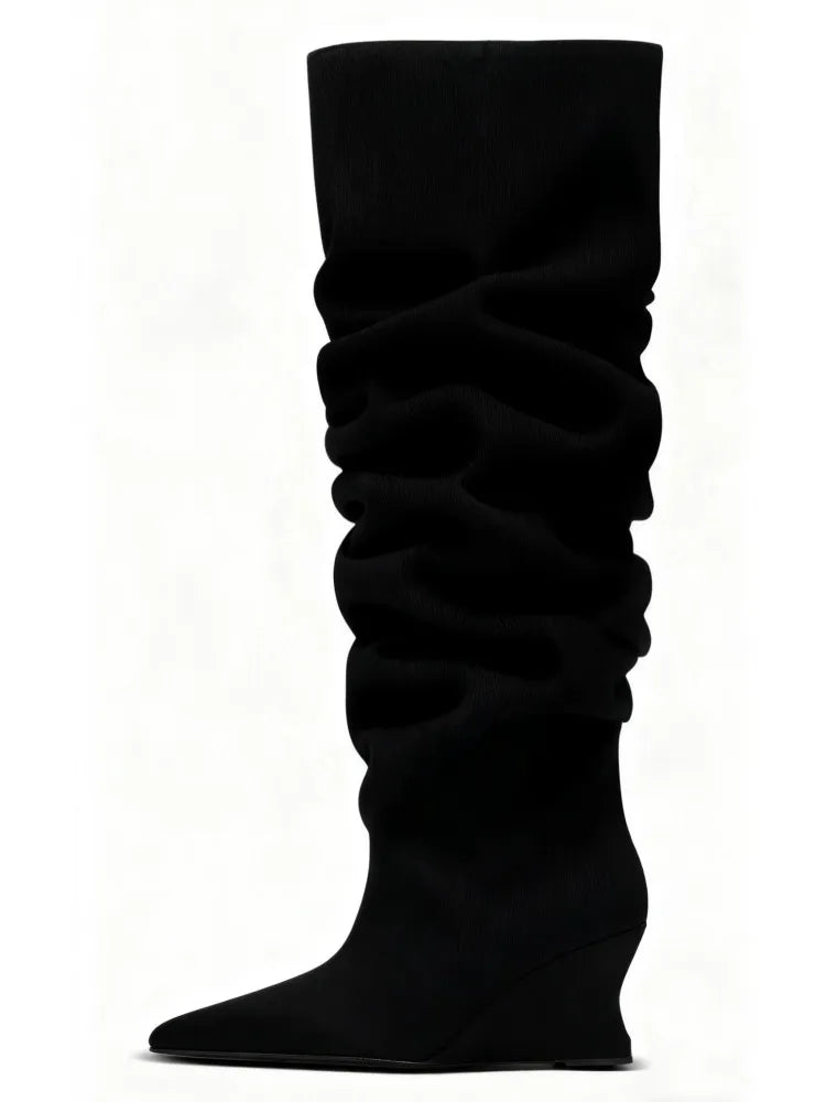 Women's Fashion Pointed Thick Soled Pleated Short Boots, Autumn and Winter Thick Heeled Long Boots, Sexy Runway Women's Boots