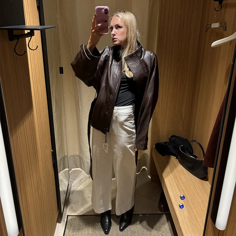 Faux Leather Jacket Stand Collar Winderbreaker Woman Waist Tie Belt Coat Long Sleeve Loose PU Leather Coat Street Wear Clothes