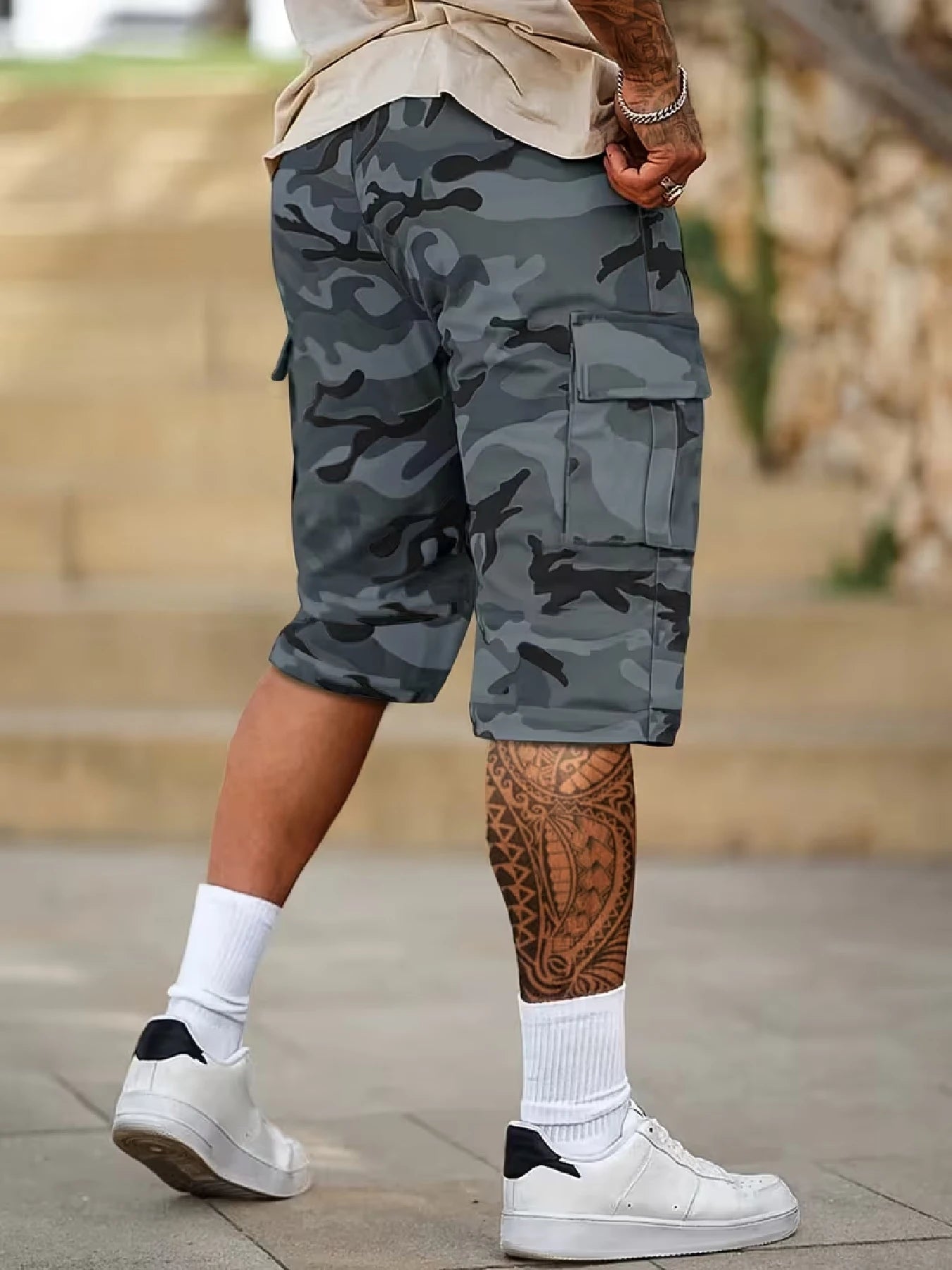 Men's Casual Cargo Shorts — All-Over Print, Non-Stretch Woven Fabric. Features a Dual Elastic Waistband and Drawstring Design; A