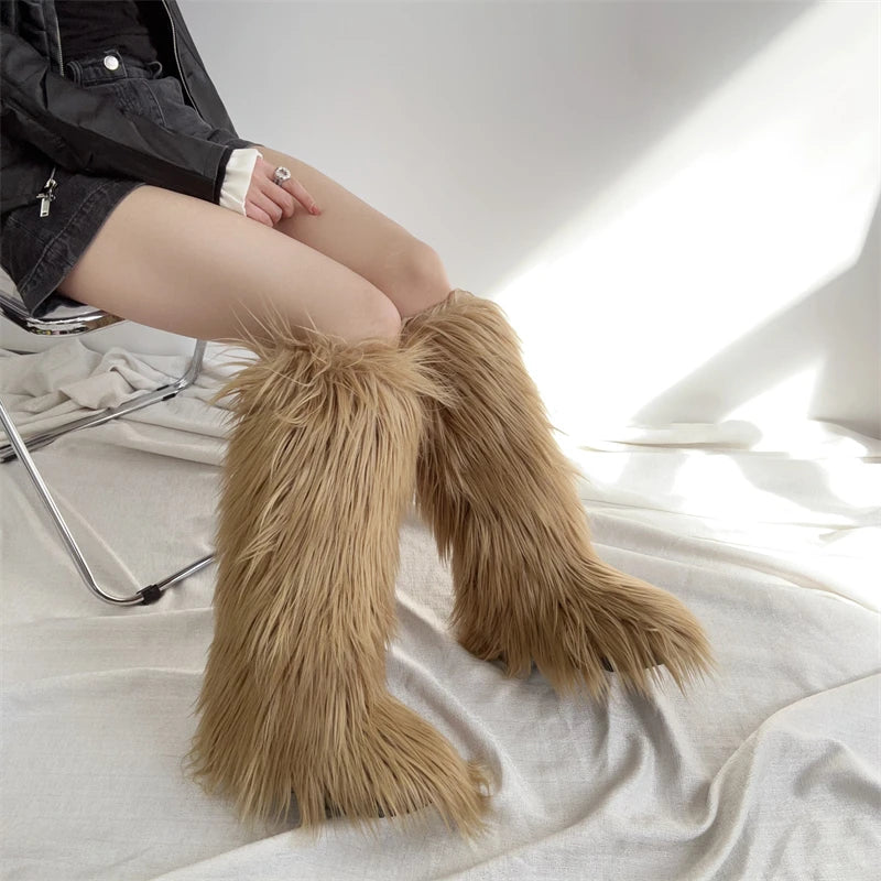 Hot Sale Ins Fashion Long Women Furry Boots Winter Knee Length Keep Warm Ladies Snow Boots