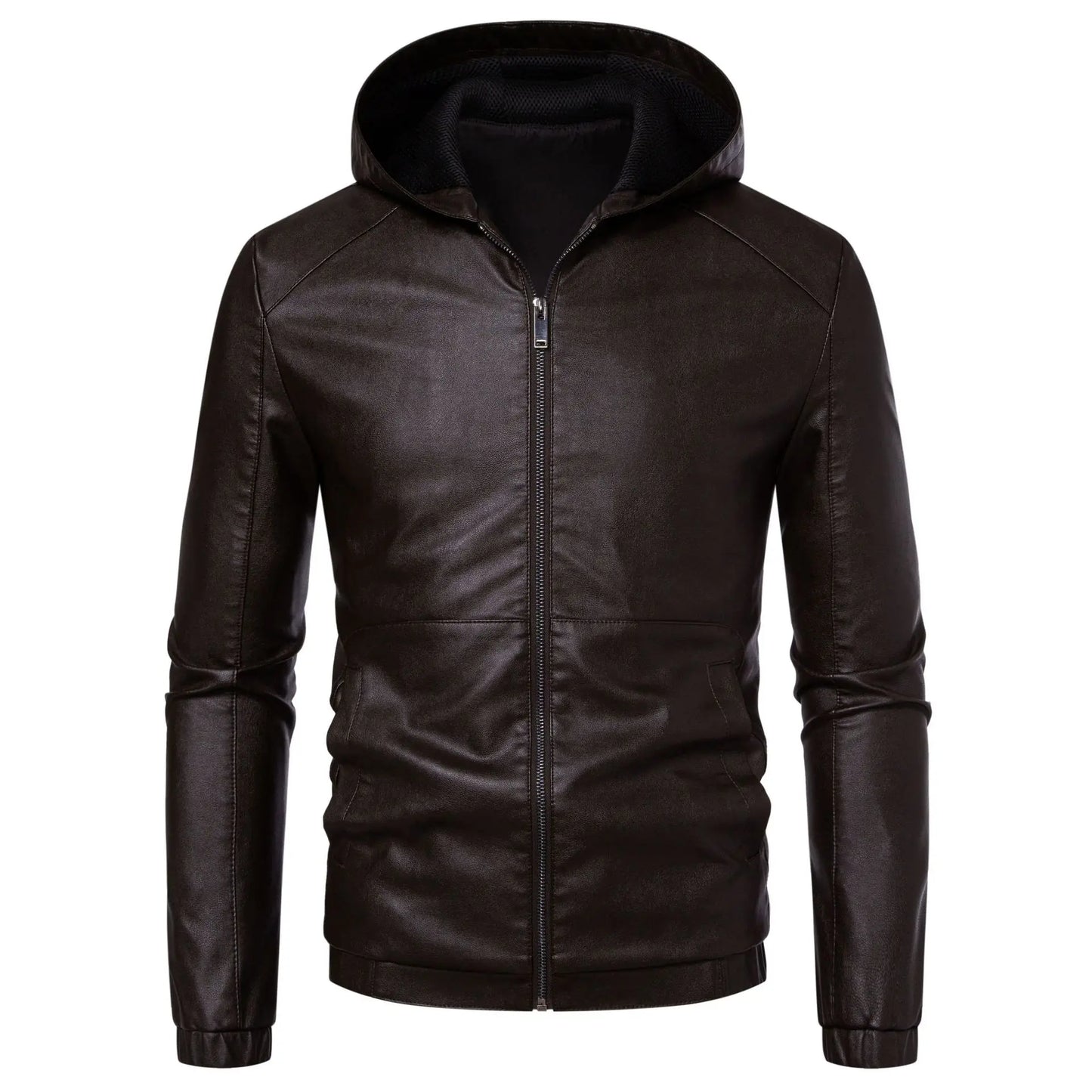 Minglu Hooed Black Pu Mens Leather Jacket Spring Autumn Long Sleeve Slim Fit Solid Color Faux Leather Zipper Male Coats 5XL
