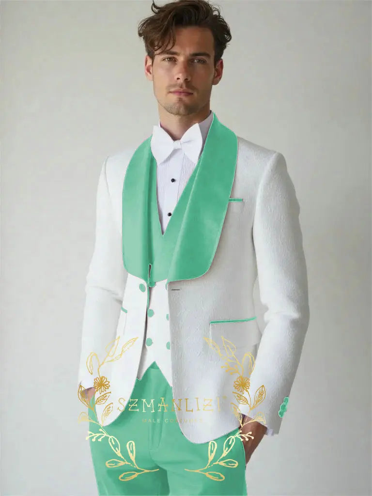 White Floral Wedding Men's 3-piece Suit Set (Jacket Pants Vest) Groom Tuxedo Formal Blazer Elegant Groomsmen Suit for Men