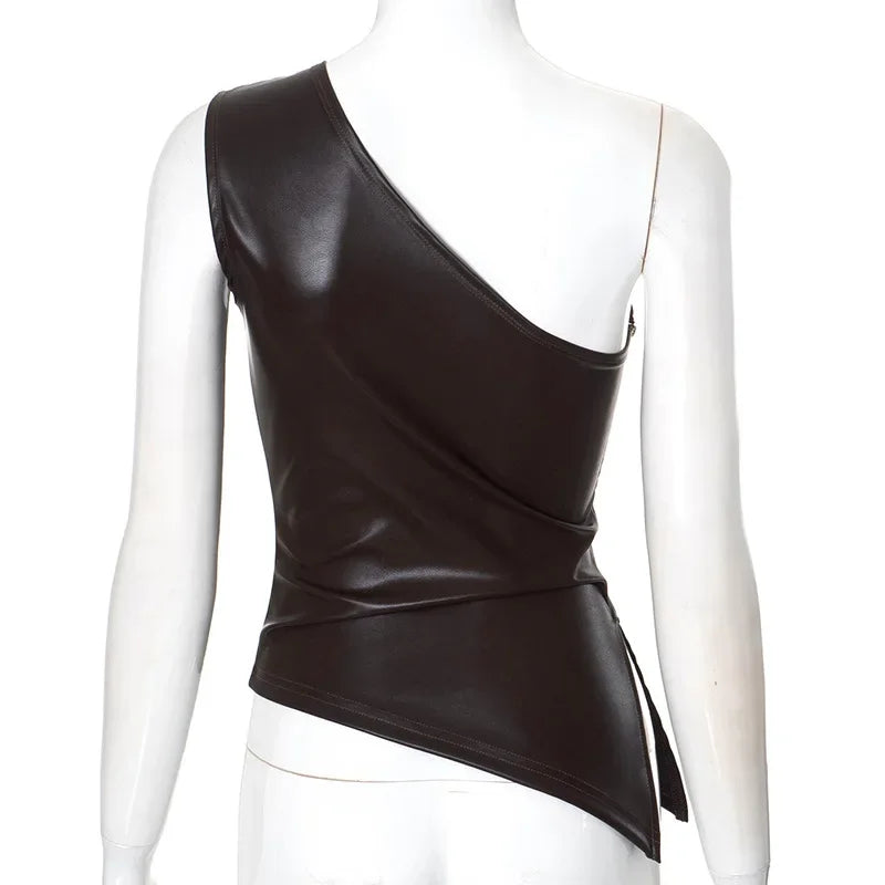 PixieKiki Fashion PU Leather Sleeveless T Shirts Side Zipper One Shoulder Asymmetrical Tops Women Clothing Fall 2024 C85-CA12