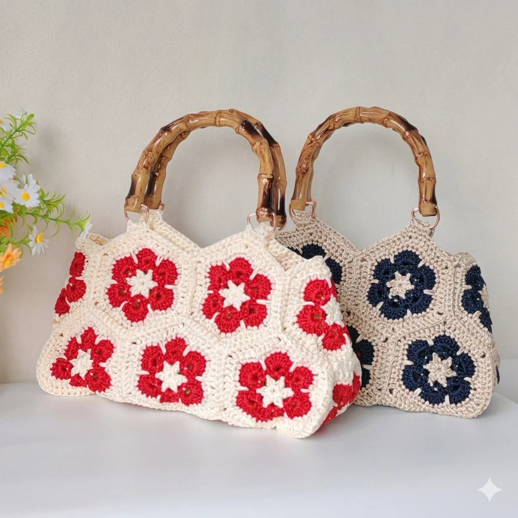 Handmade Crochet Granny Square Tote Bag with Bamboo-Style Handle, Vintage Woven Flower Pattern Shoulder Purse for Women