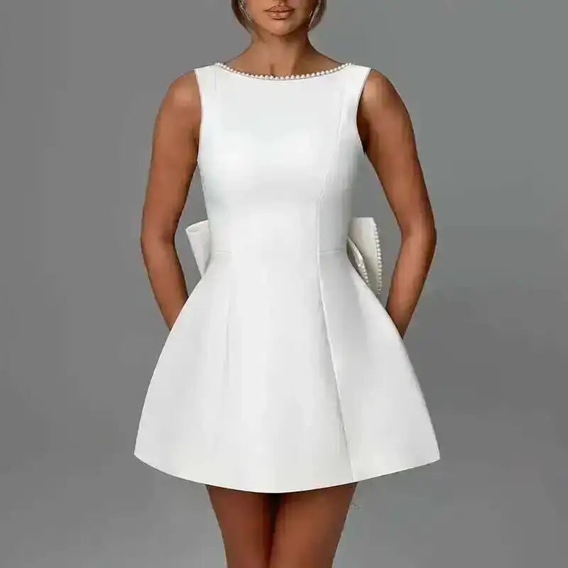 Townlike Bow Pearl Backless Sexy Party Dress Women Mini 2024 Summer Dress Elegant Waist Wrap A-line Dresses Vestidos