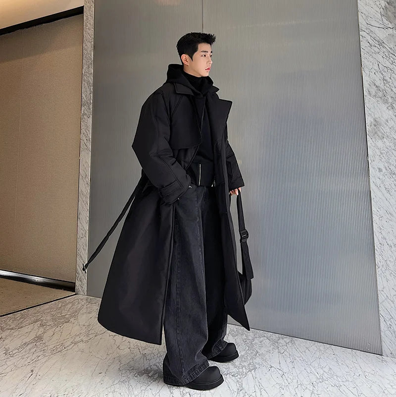 Winter Thickened Long Down Jacket Man's Belt Design Korean Warm Over The Knee Fashionable Long Sleeve Solid Color Cotton Coats