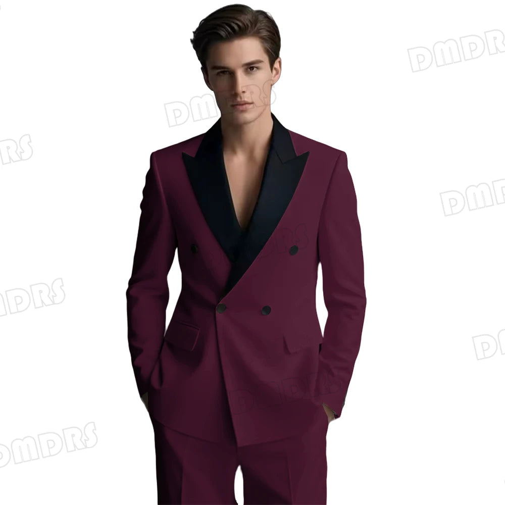 Slim Fitting White Suit Set for Men, Black Collar, 2 Pieces Formal Suits, Wedding Tuxedo, Customized Colors Blazer and Pant Set