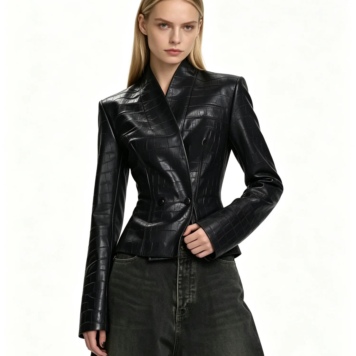 Women 2026 Croc Embossed Faux Leather Jacket V‑Neck Double‑Breasted Slim Fit Long Sleeve Chic Short Outerwear Coat