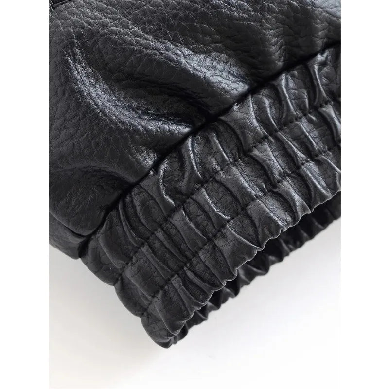 Women's 2026 Autumn New Classic Commuter Style Black Long Sleeve Pebble Faux Leather Motorcycle Fashion Jacket