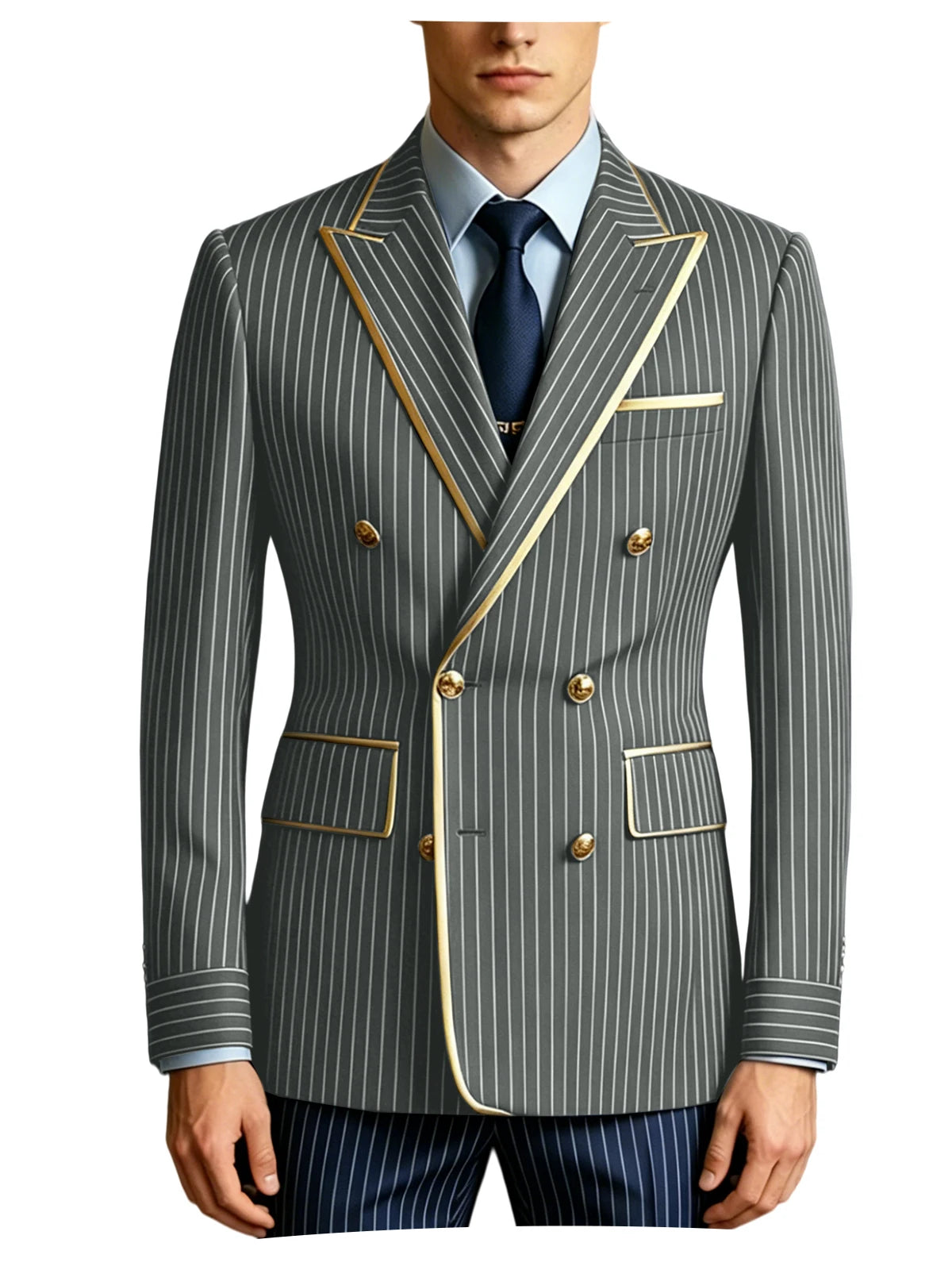 Men's Double Breasted Pinstripe Blazer Slim Fit Formal Business Suit Jacket Luxury Gold Trim  Tuxedo for Wedding Party Office