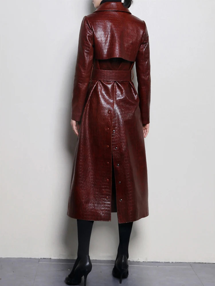 Lautaro Autumn Long Shiny Reflective Patent Faux Leather Trench Coat for Women Belt Double Breasted Luxury Designer Clothes 2023