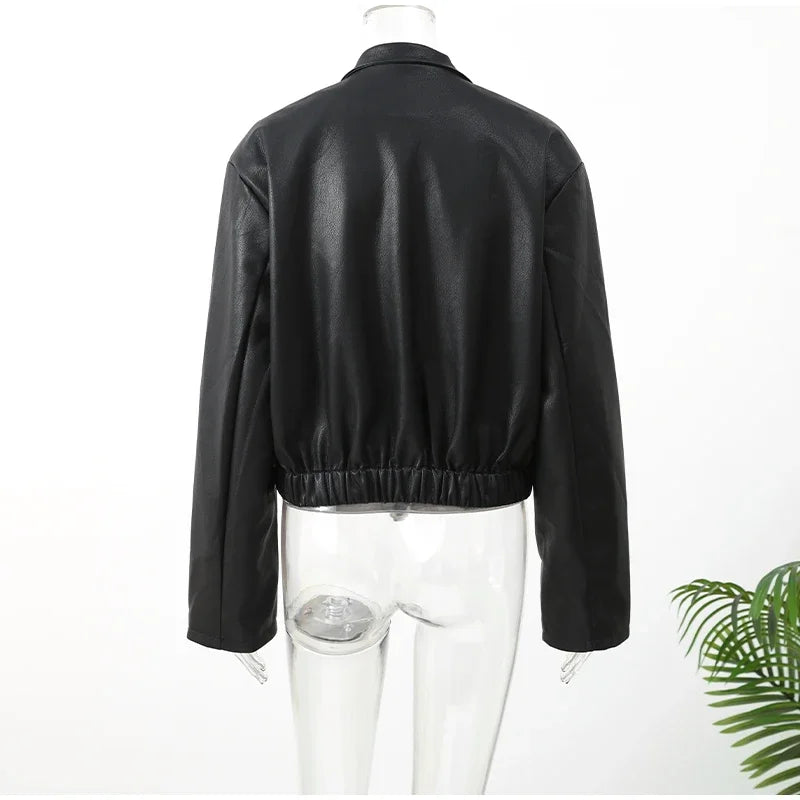 Black Short Leather Jacket Vintage Women's Stand Collar Full Sleeve V-neck Loose Jackets 2026 Lady  Autumn Casual Casual Outwear